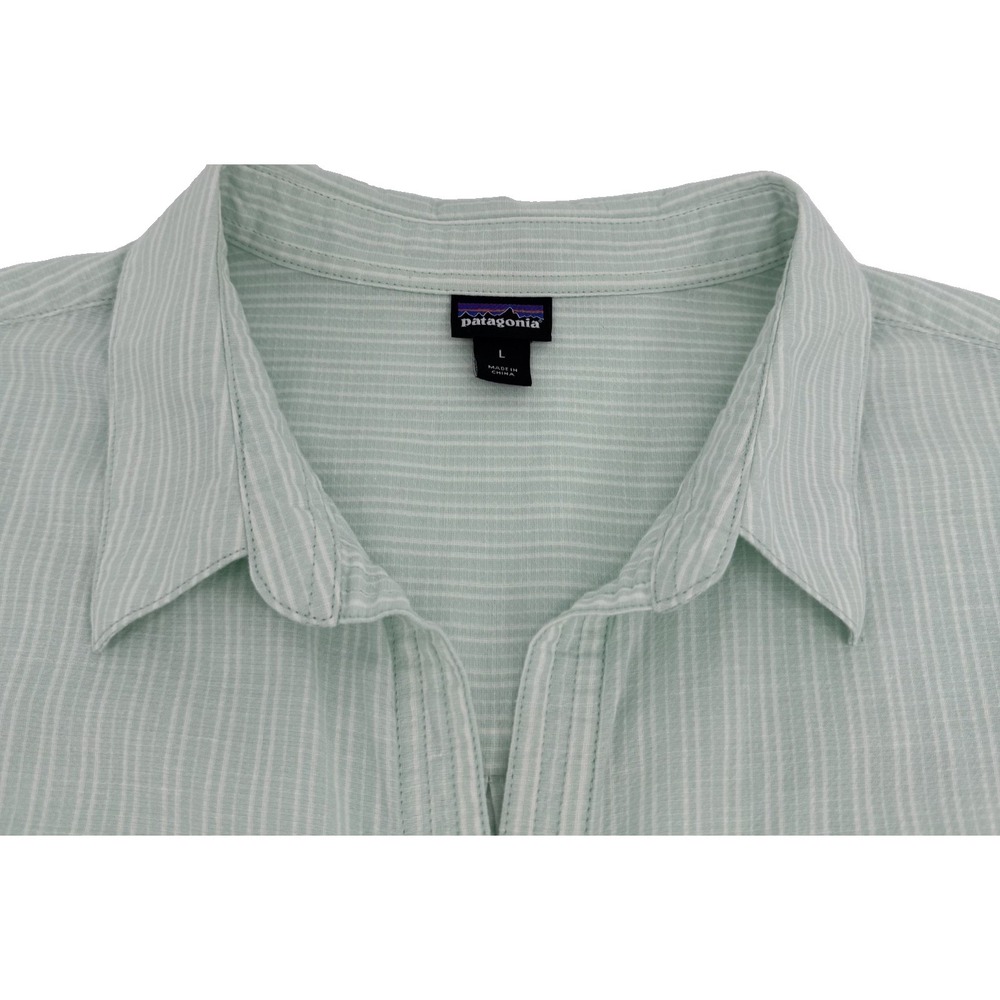 Patagonia Button Up Shirt Womens L Green Stripe Long Sleeve Hemp Hiking